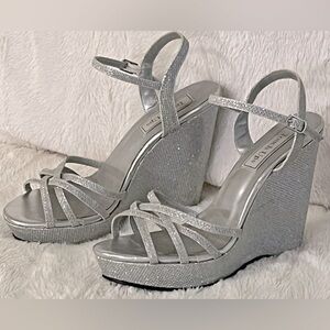 Touch Ups Silver Glitter Wedge Sandals Ankle Strap Formal Shoes